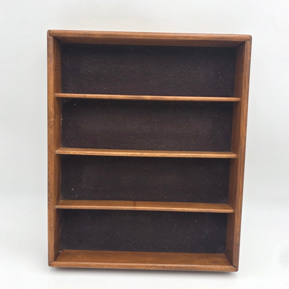 Vintage Wood 4 Slot Display Shelf Shadow Box Felt Lined Organizer Tray 12x15x2